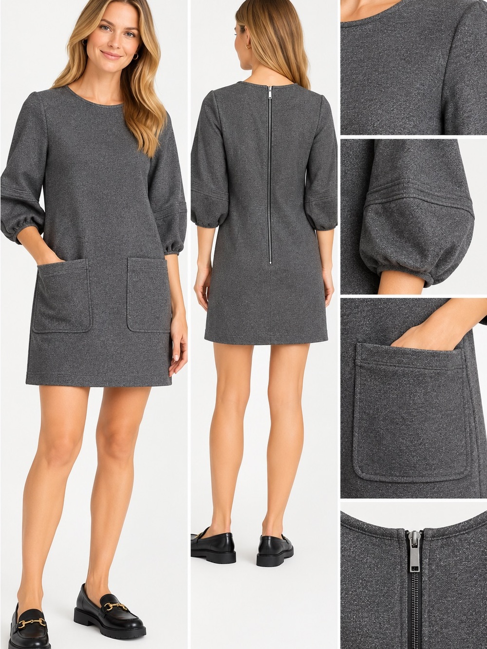 LDT Gray Shift Dress Puff Balloon Sleeves Front Pockets Size 8